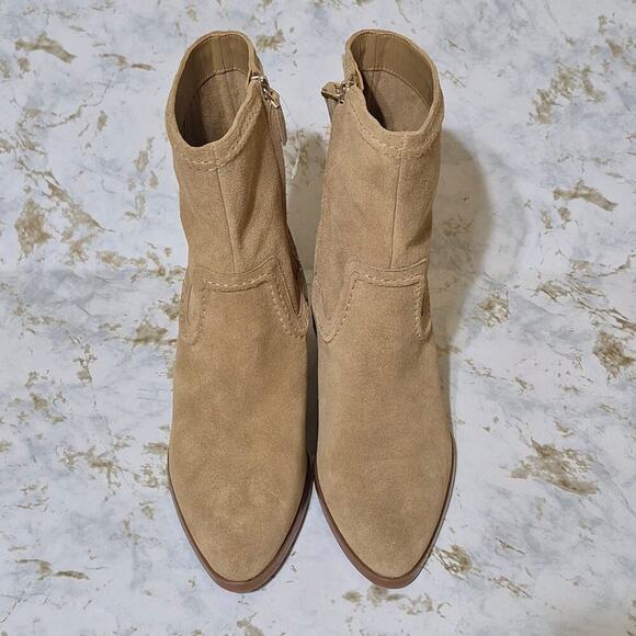 Vince Camuto Suede Ankle Boots Womens 9 1/2 M Pailey Camel Tan Block Heel Zip - Picture 7 of 11
